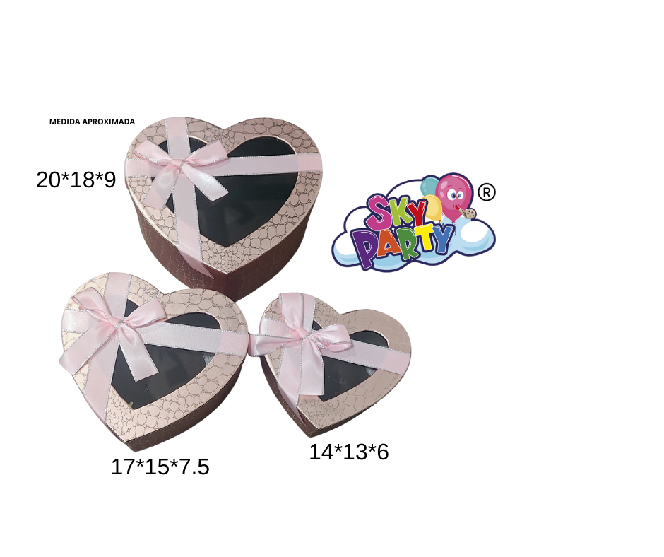 JUEGO DE CAJAS 3 PZS DE CORAZON ROSA CON TRANSPARENCIA
