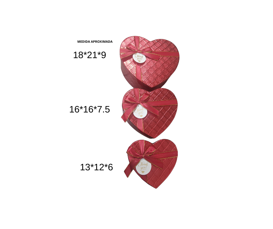 JUEGO DE CAJAS 3 PZS DE CORAZON ROJO CON RELIEVE